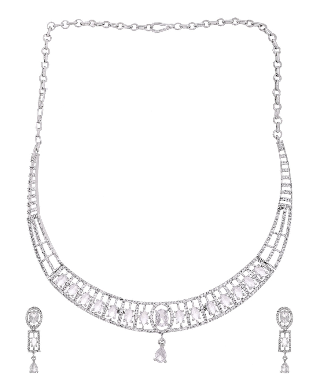 VOJ Silver Toned Sea Green Cz Stone Studded Designer Necklace Set | Grocsy