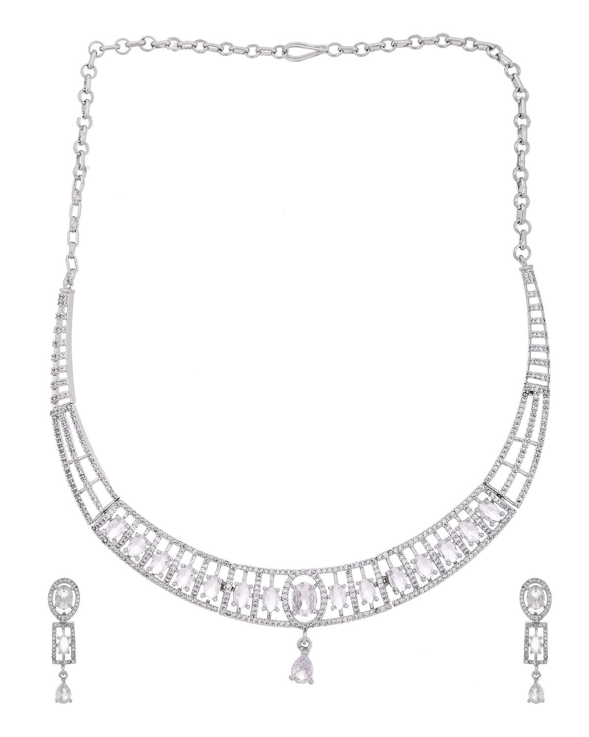 VOJ Silver Toned Sea Green Cz Stone Studded Designer Necklace Set | Grocsy