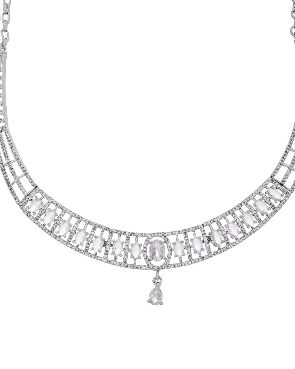 VOJ Silver Toned Sea Green Cz Stone Studded Designer Necklace Set | Grocsy