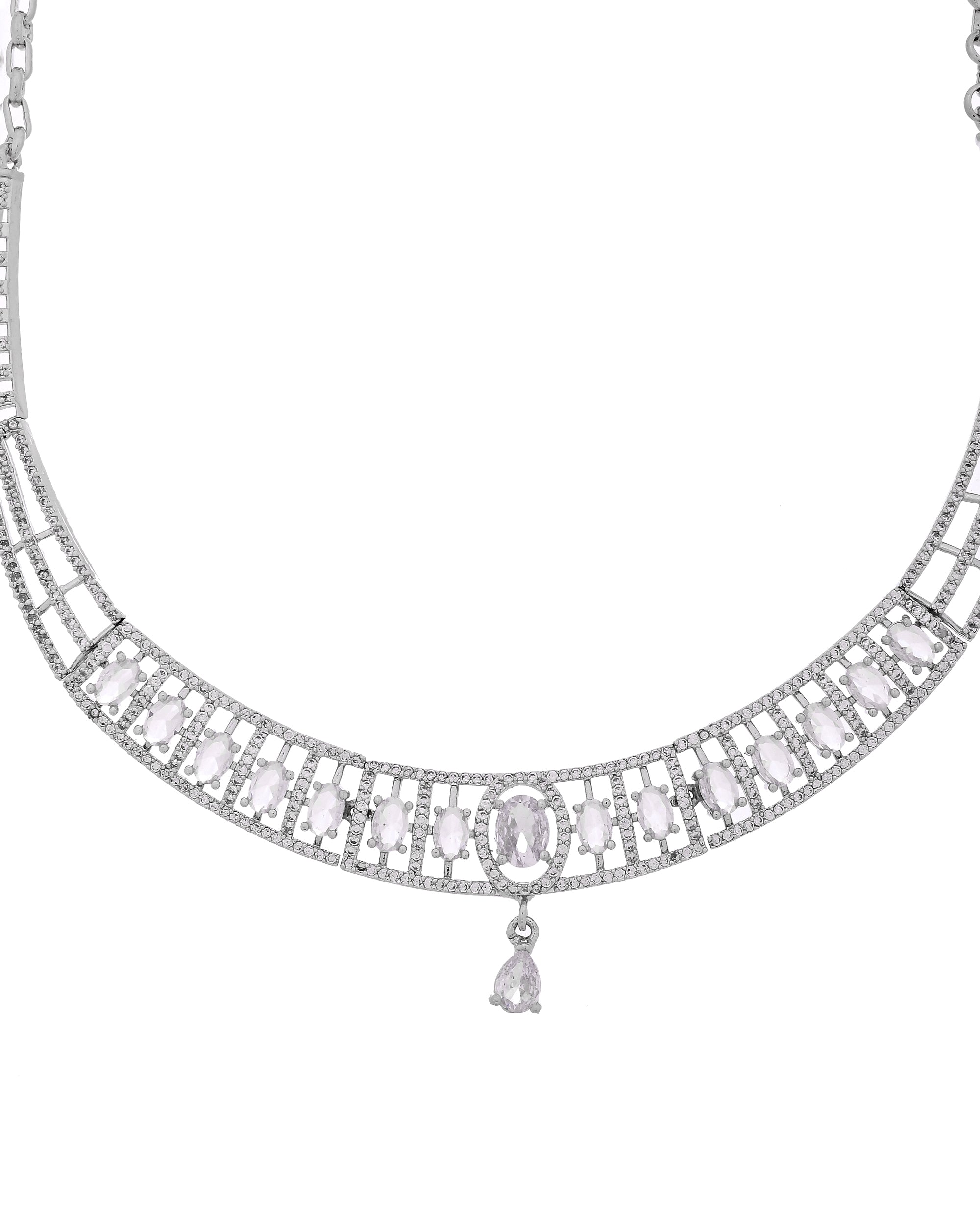 VOJ Silver Toned Sea Green Cz Stone Studded Designer Necklace Set | Grocsy