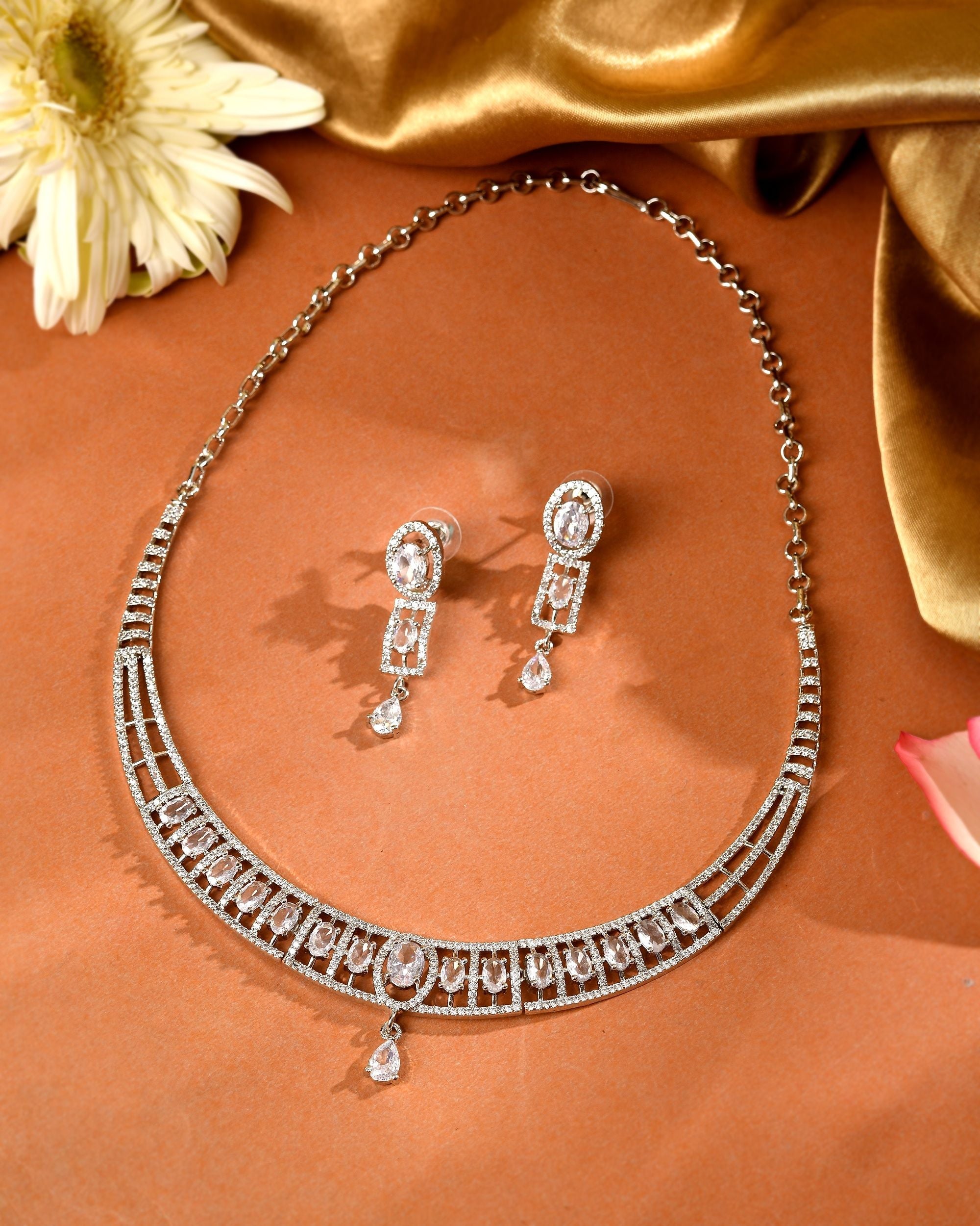 VOJ Silver Toned Sea Green Cz Stone Studded Designer Necklace Set | Grocsy