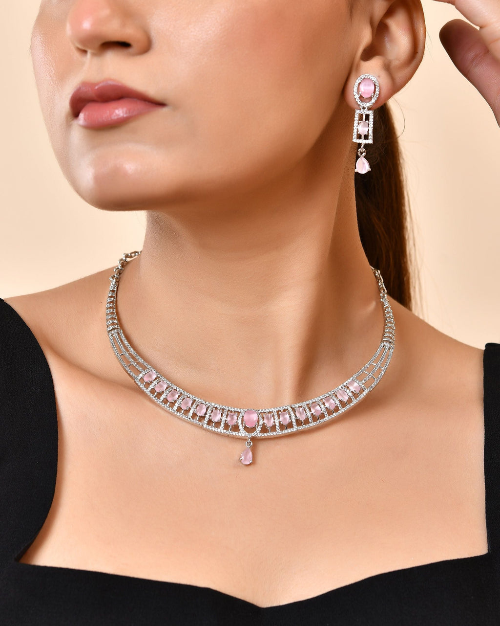VOJ Silver Toned Baby Pink Cz Stone Studded Designer Necklace Set | Grocsy