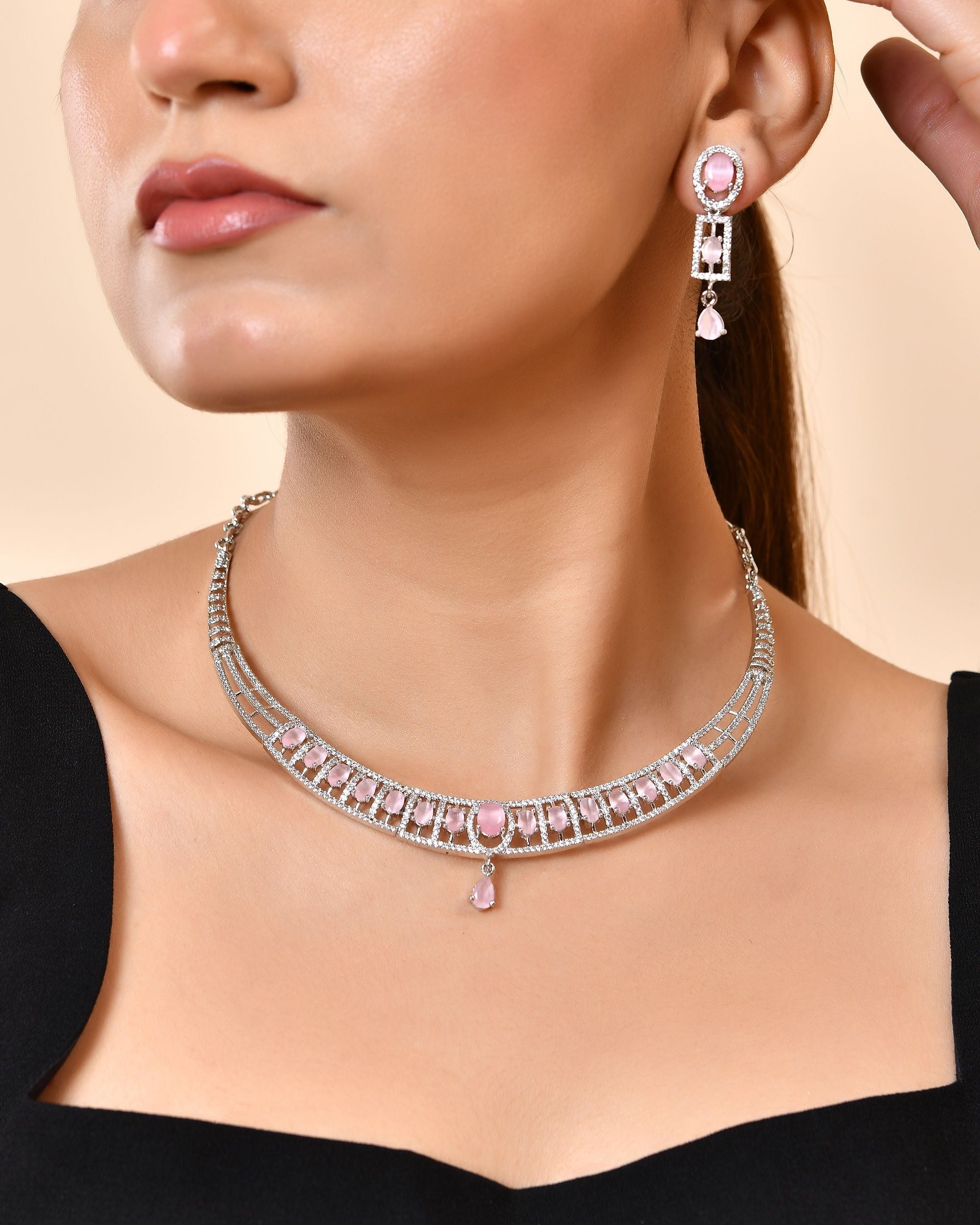 VOJ Silver Toned Baby Pink Cz Stone Studded Designer Necklace Set | Grocsy