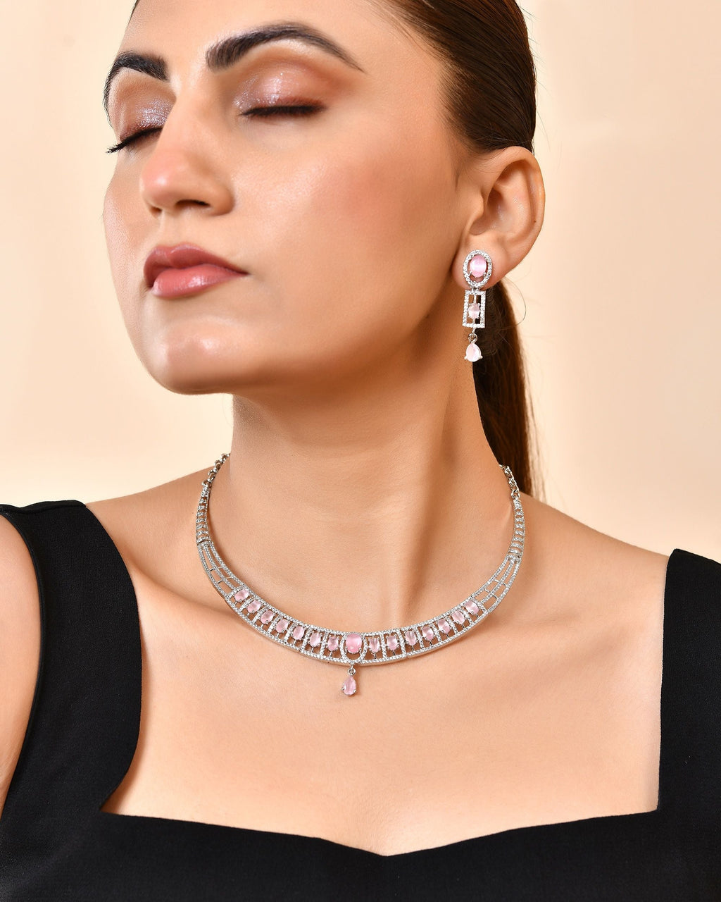 VOJ Silver Toned Baby Pink Cz Stone Studded Designer Necklace Set | Grocsy
