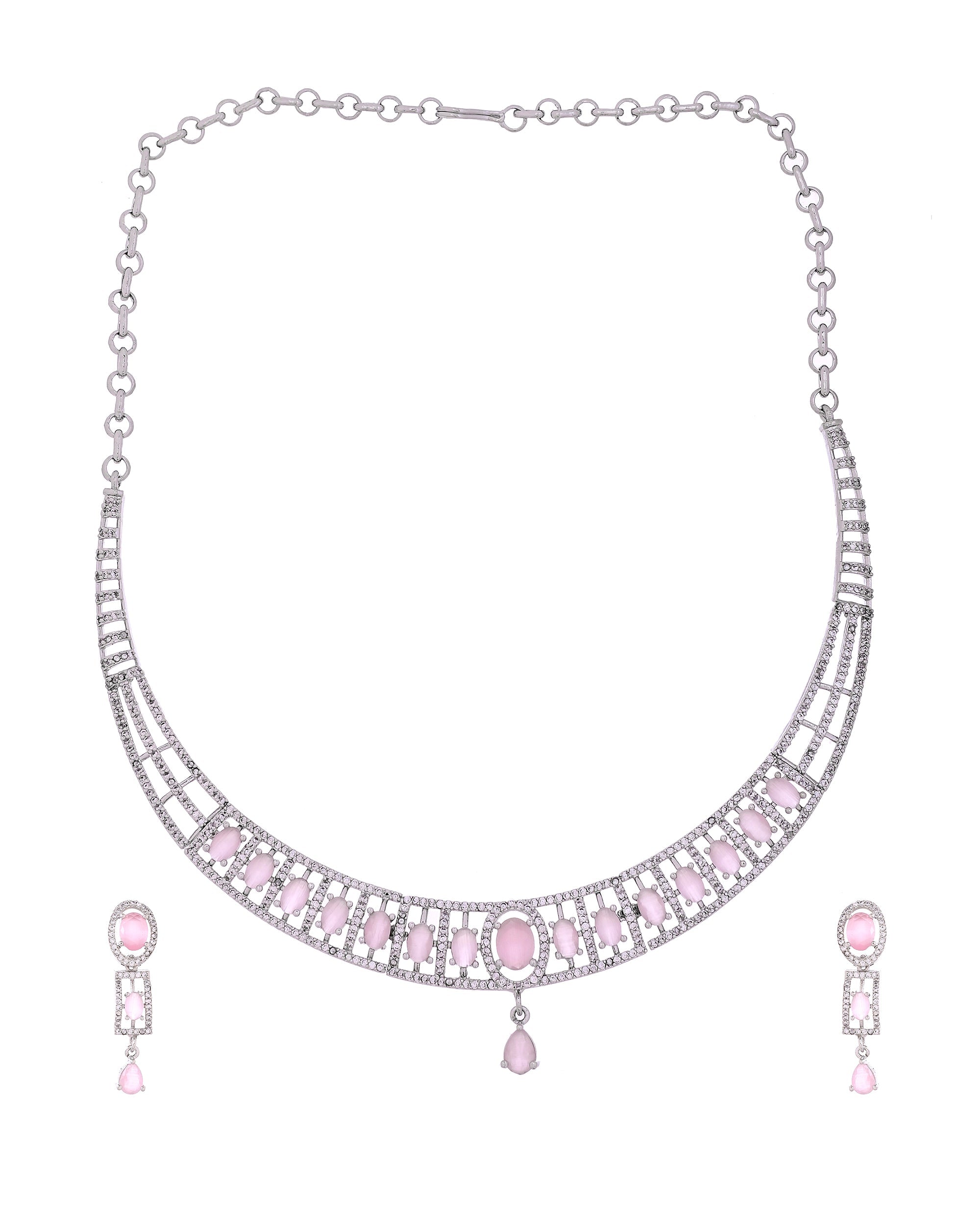 VOJ Silver Toned Baby Pink Cz Stone Studded Designer Necklace Set | Grocsy