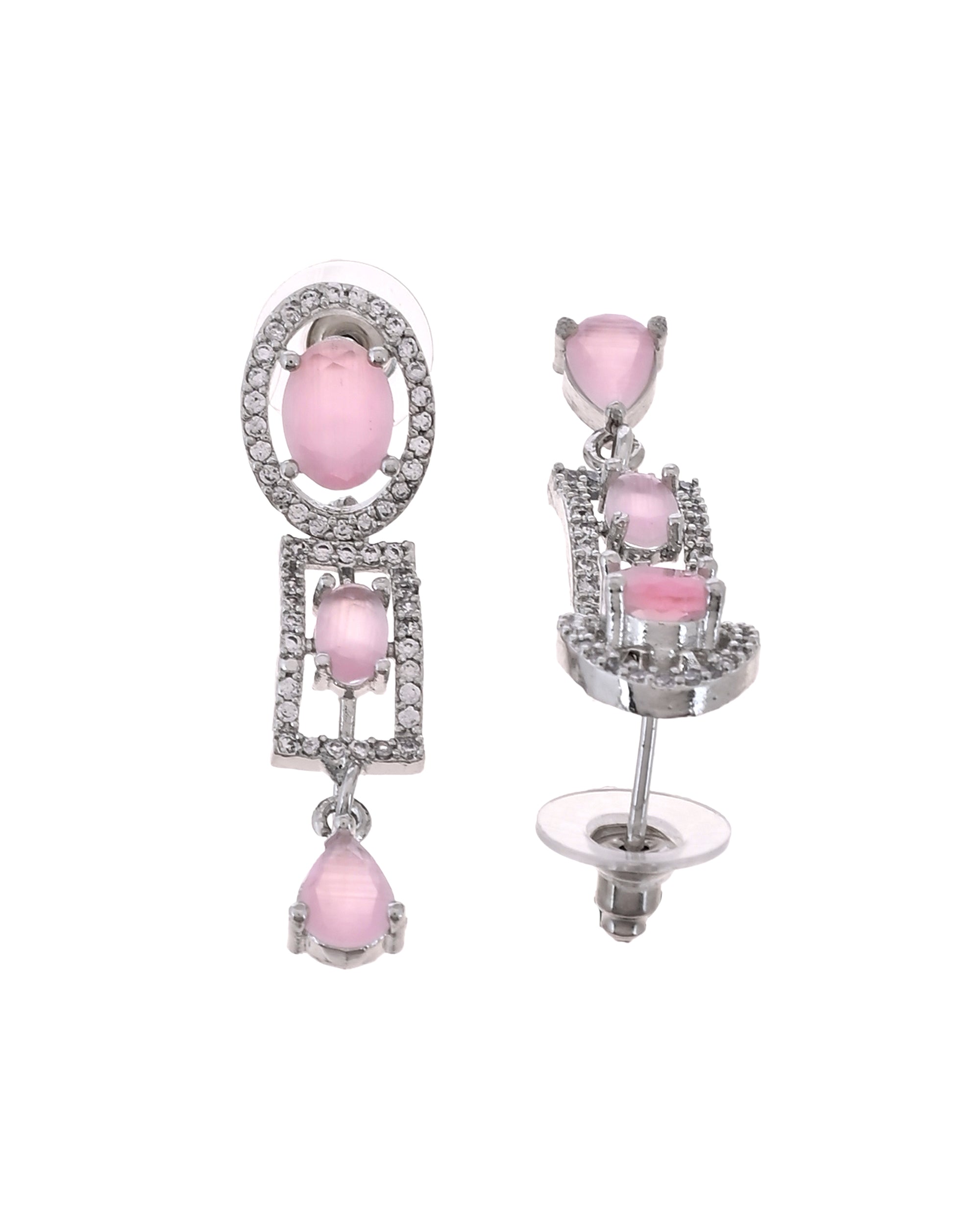 VOJ Silver Toned Baby Pink Cz Stone Studded Designer Necklace Set | Grocsy