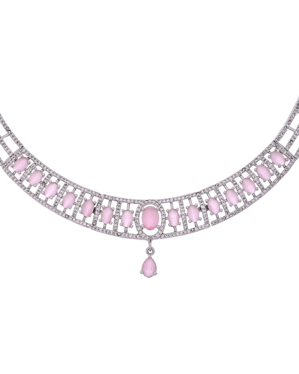 VOJ Silver Toned Baby Pink Cz Stone Studded Designer Necklace Set | Grocsy