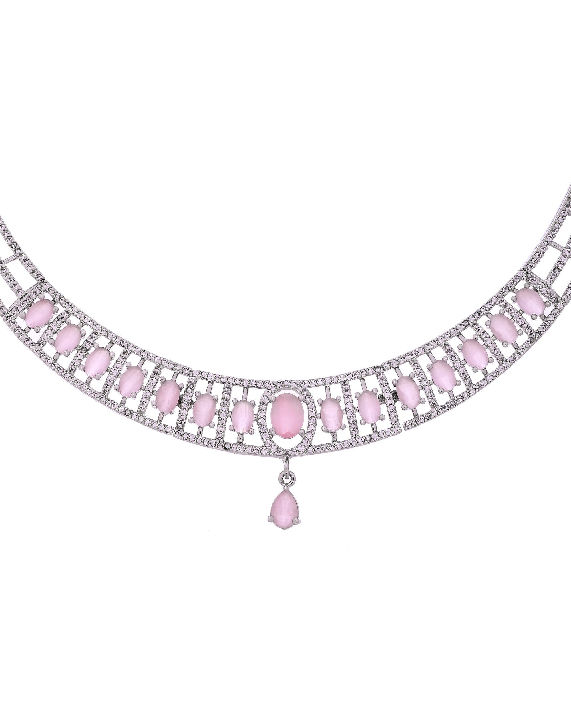 VOJ Silver Toned Baby Pink Cz Stone Studded Designer Necklace Set | Grocsy