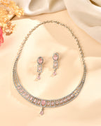 VOJ Silver Toned Baby Pink Cz Stone Studded Designer Necklace Set | Grocsy