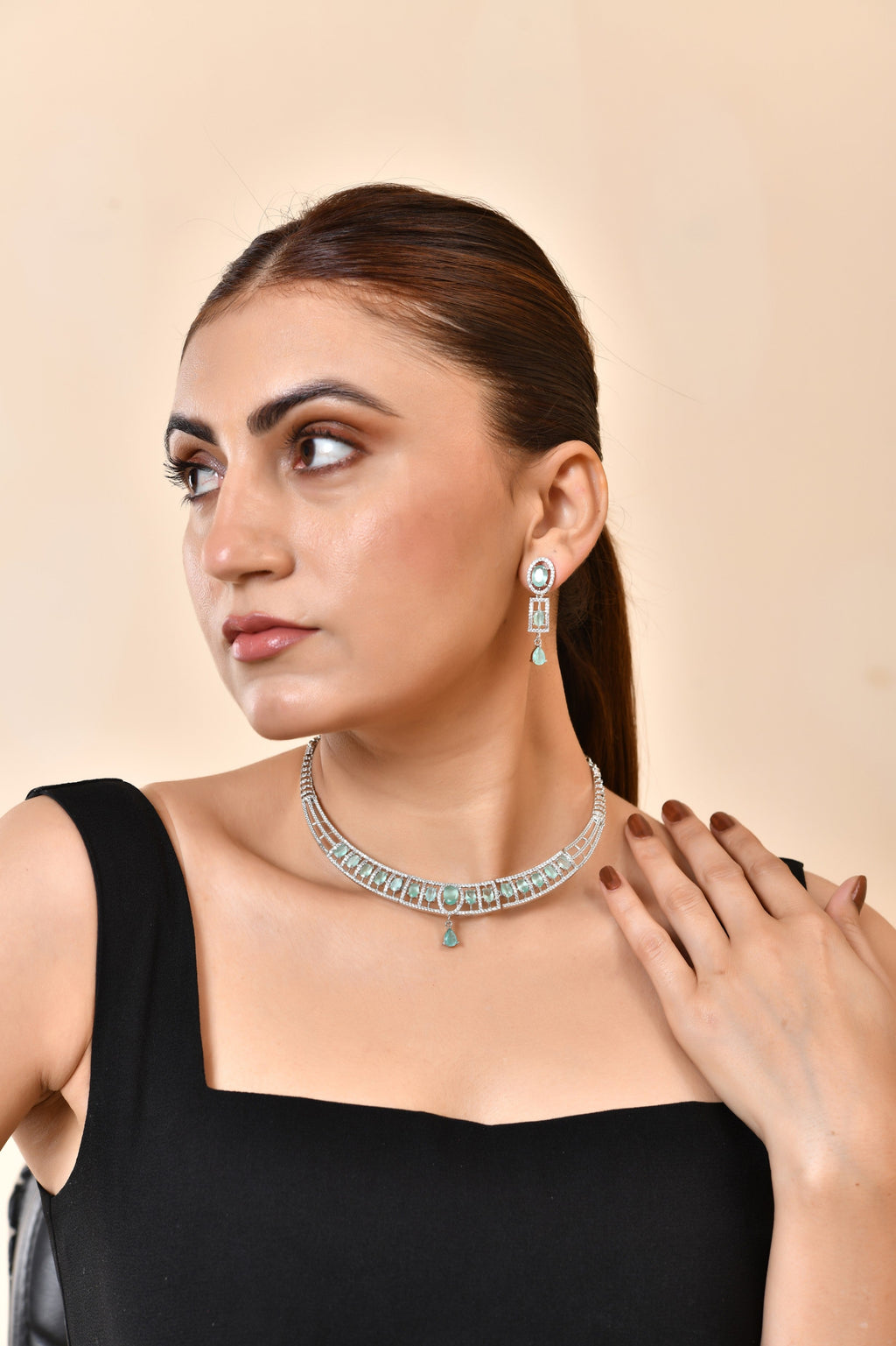 VOJ Silver Toned Cz Stone Studded Designer Necklace Set | Grocsy