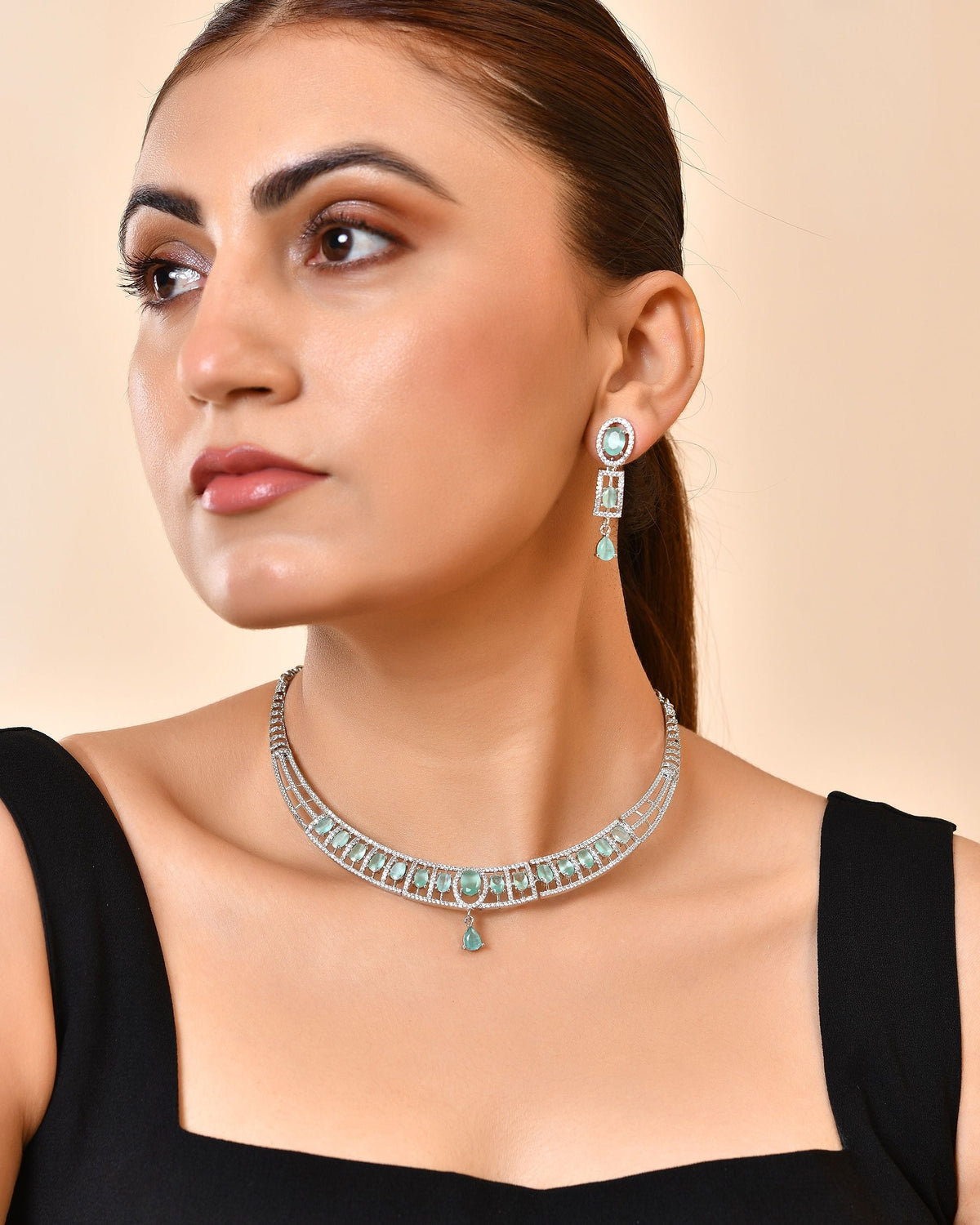 VOJ Silver Toned Cz Stone Studded Designer Necklace Set | Grocsy