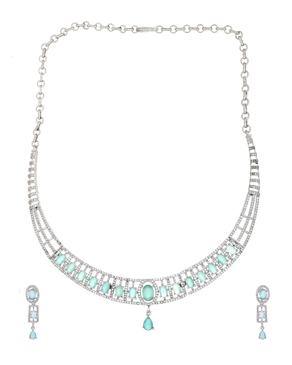 VOJ Silver Toned Cz Stone Studded Designer Necklace Set | Grocsy