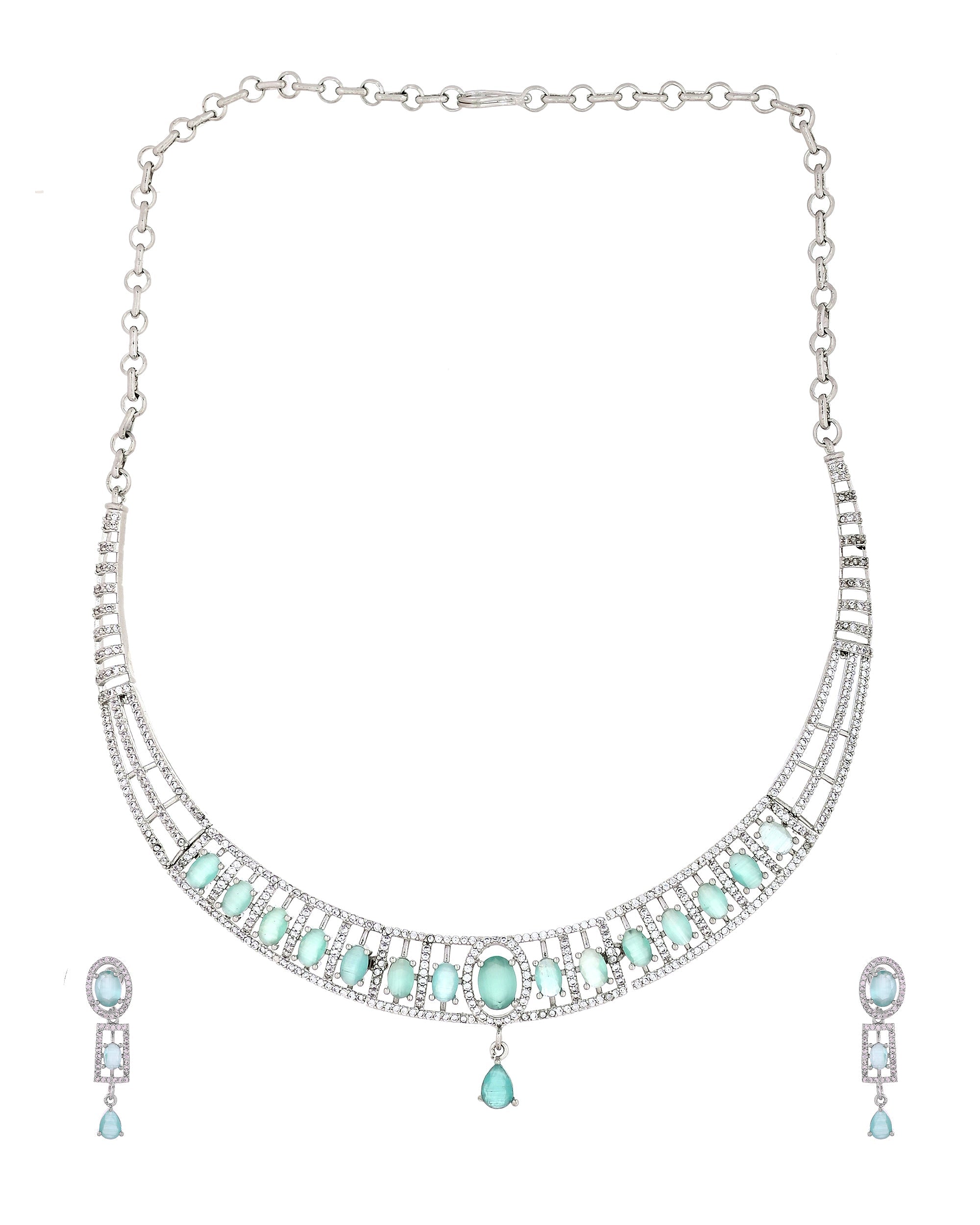 VOJ Silver Toned Cz Stone Studded Designer Necklace Set | Grocsy
