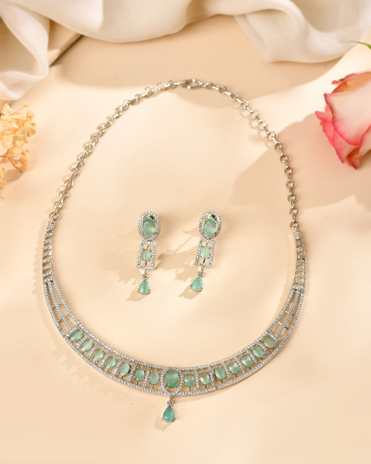 VOJ Silver Toned Cz Stone Studded Designer Necklace Set | Grocsy