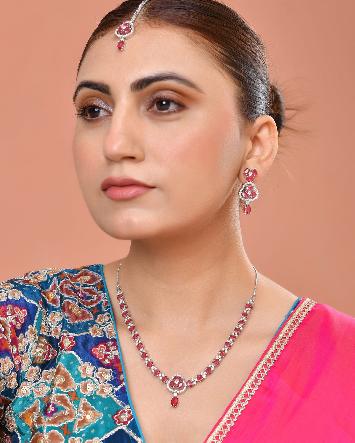 VOJ Silver Plated Ruby Red Stone Studded Ad Jewellery Set With Maang Tikka | Grocsy