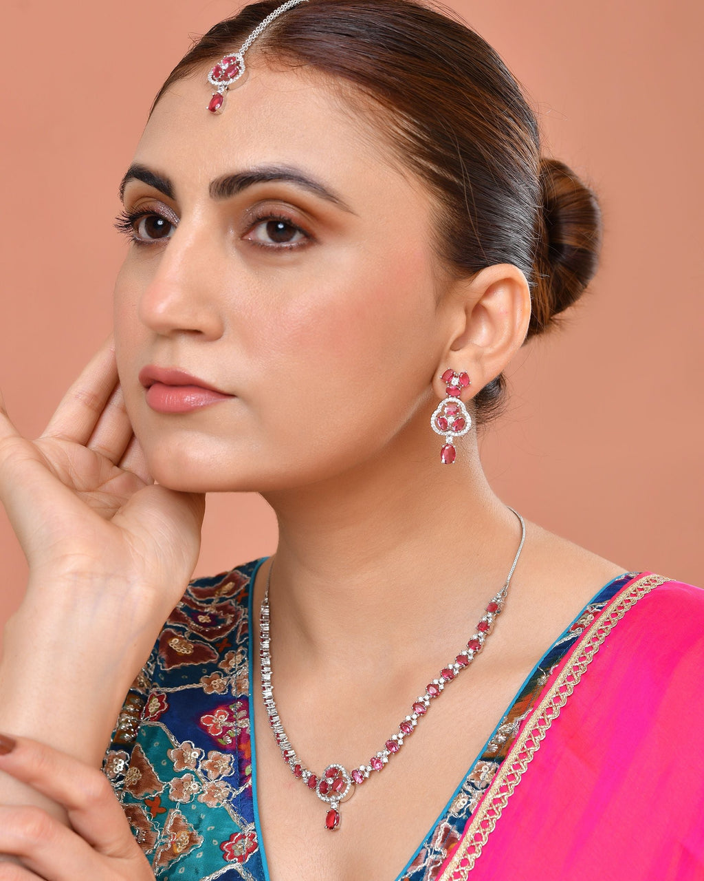 VOJ Silver Plated Ruby Red Stone Studded Ad Jewellery Set With Maang Tikka | Grocsy