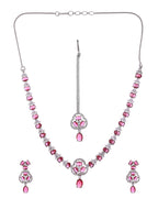 VOJ Silver Plated Ruby Red Stone Studded Ad Jewellery Set With Maang Tikka | Grocsy