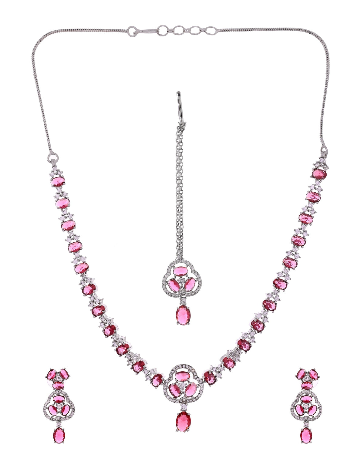 VOJ Silver Plated Ruby Red Stone Studded Ad Jewellery Set With Maang Tikka | Grocsy