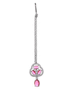 VOJ Silver Plated Ruby Red Stone Studded Ad Jewellery Set With Maang Tikka | Grocsy