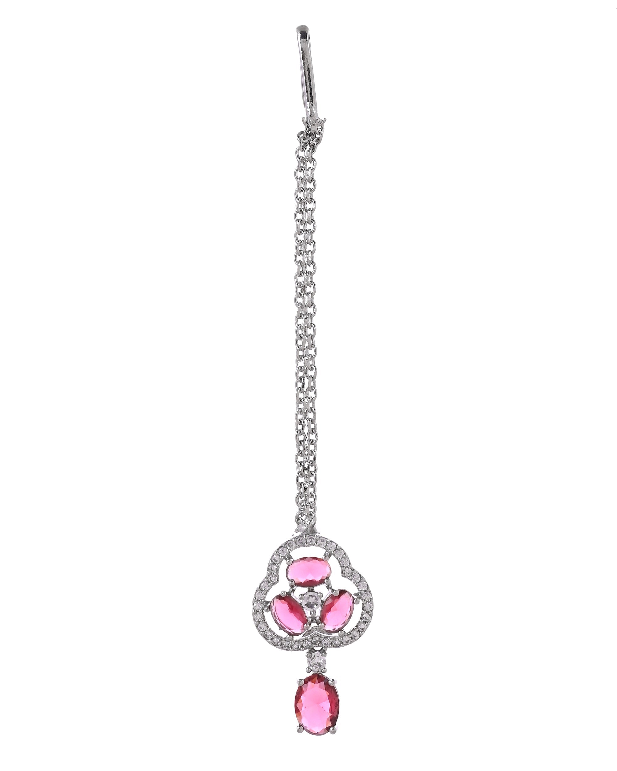 VOJ Silver Plated Ruby Red Stone Studded Ad Jewellery Set With Maang Tikka | Grocsy