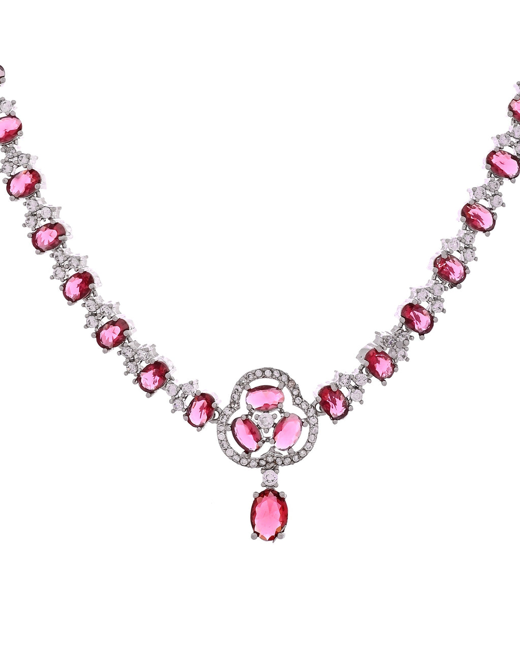 VOJ Silver Plated Ruby Red Stone Studded Ad Jewellery Set With Maang Tikka | Grocsy