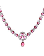 VOJ Silver Plated Ruby Red Stone Studded Ad Jewellery Set With Maang Tikka | Grocsy