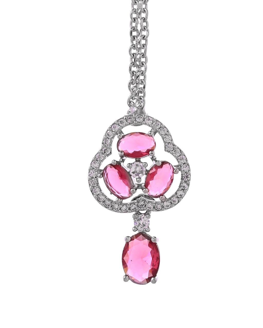 VOJ Silver Plated Ruby Red Stone Studded Ad Jewellery Set With Maang Tikka | Grocsy