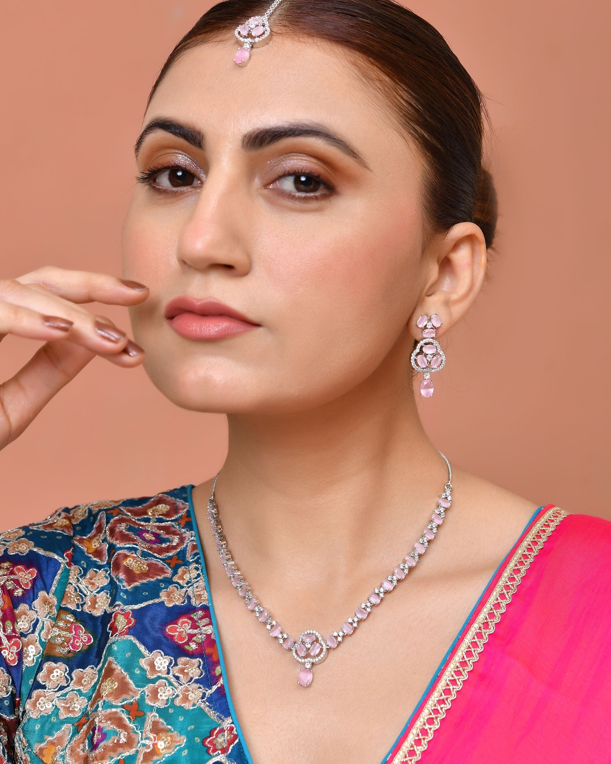 VOJ Silver Plated Baby Pink Stone Studded Ad Jewellery Set With Maang Tikka | Grocsy