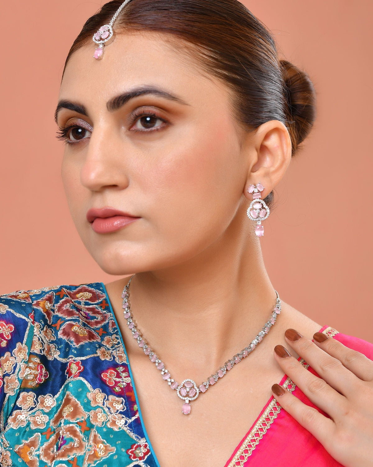 VOJ Silver Plated Baby Pink Stone Studded Ad Jewellery Set With Maang Tikka | Grocsy