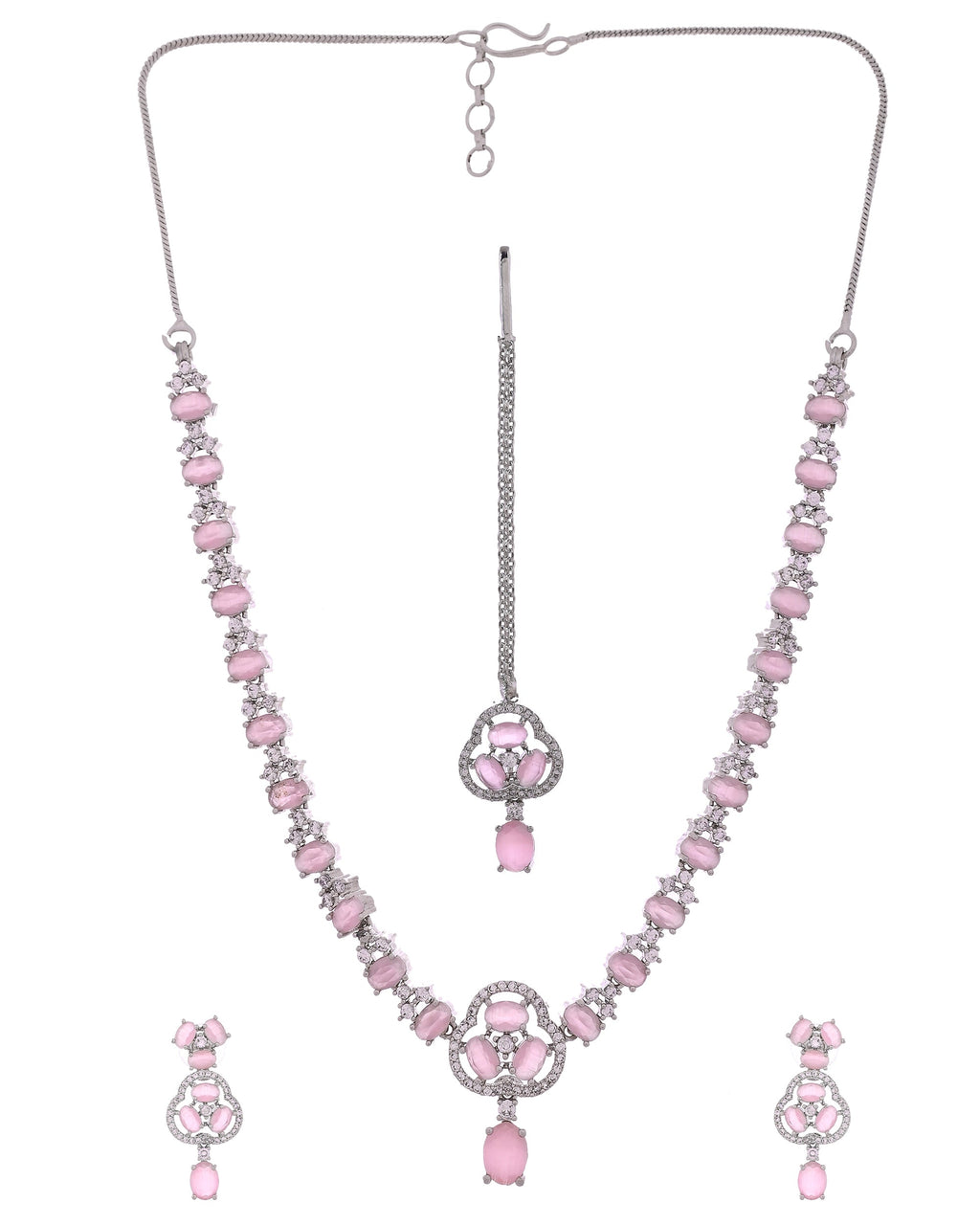 VOJ Silver Plated Baby Pink Stone Studded Ad Jewellery Set With Maang Tikka | Grocsy
