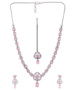 VOJ Silver Plated Baby Pink Stone Studded Ad Jewellery Set With Maang Tikka | Grocsy