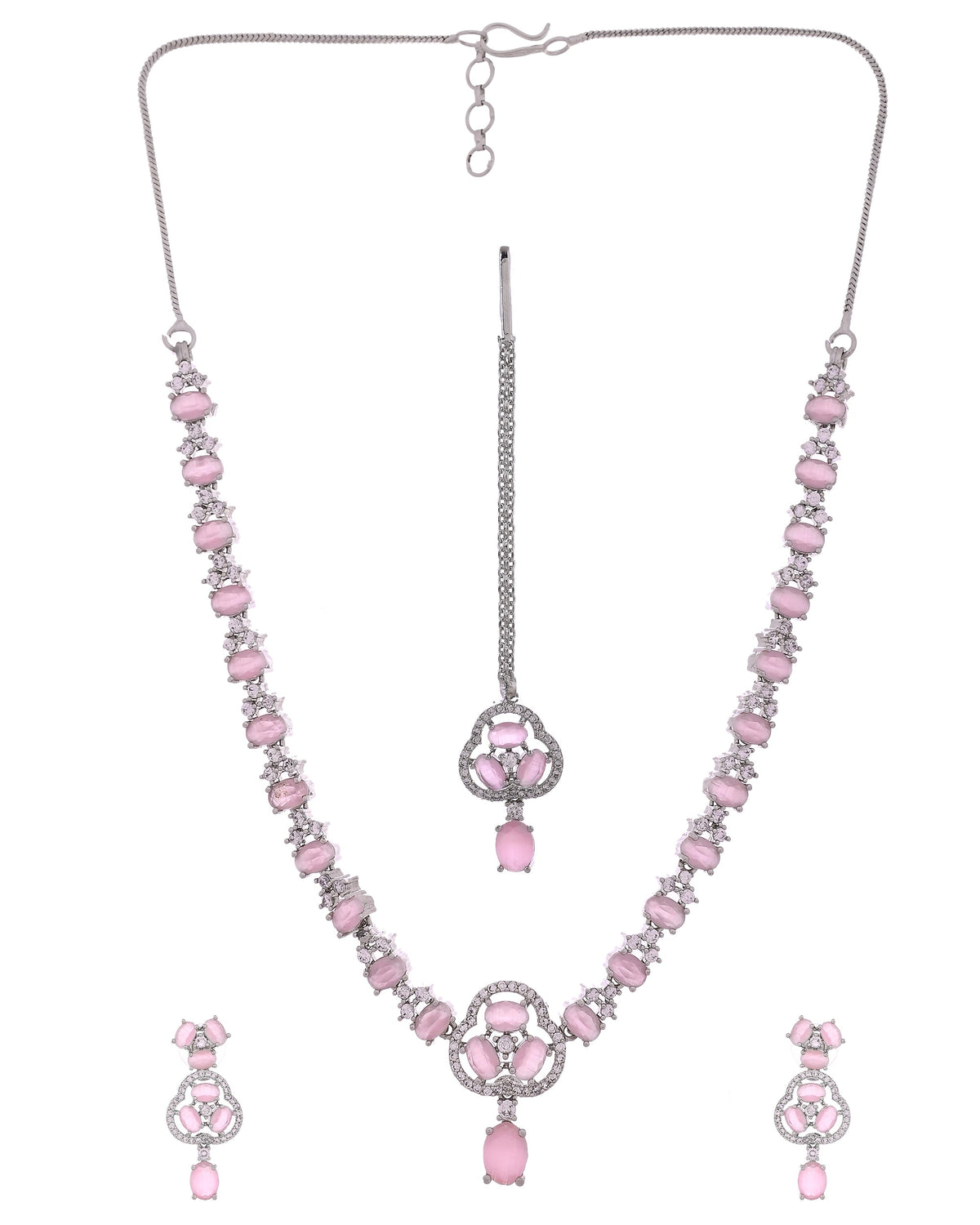 VOJ Silver Plated Baby Pink Stone Studded Ad Jewellery Set With Maang Tikka | Grocsy