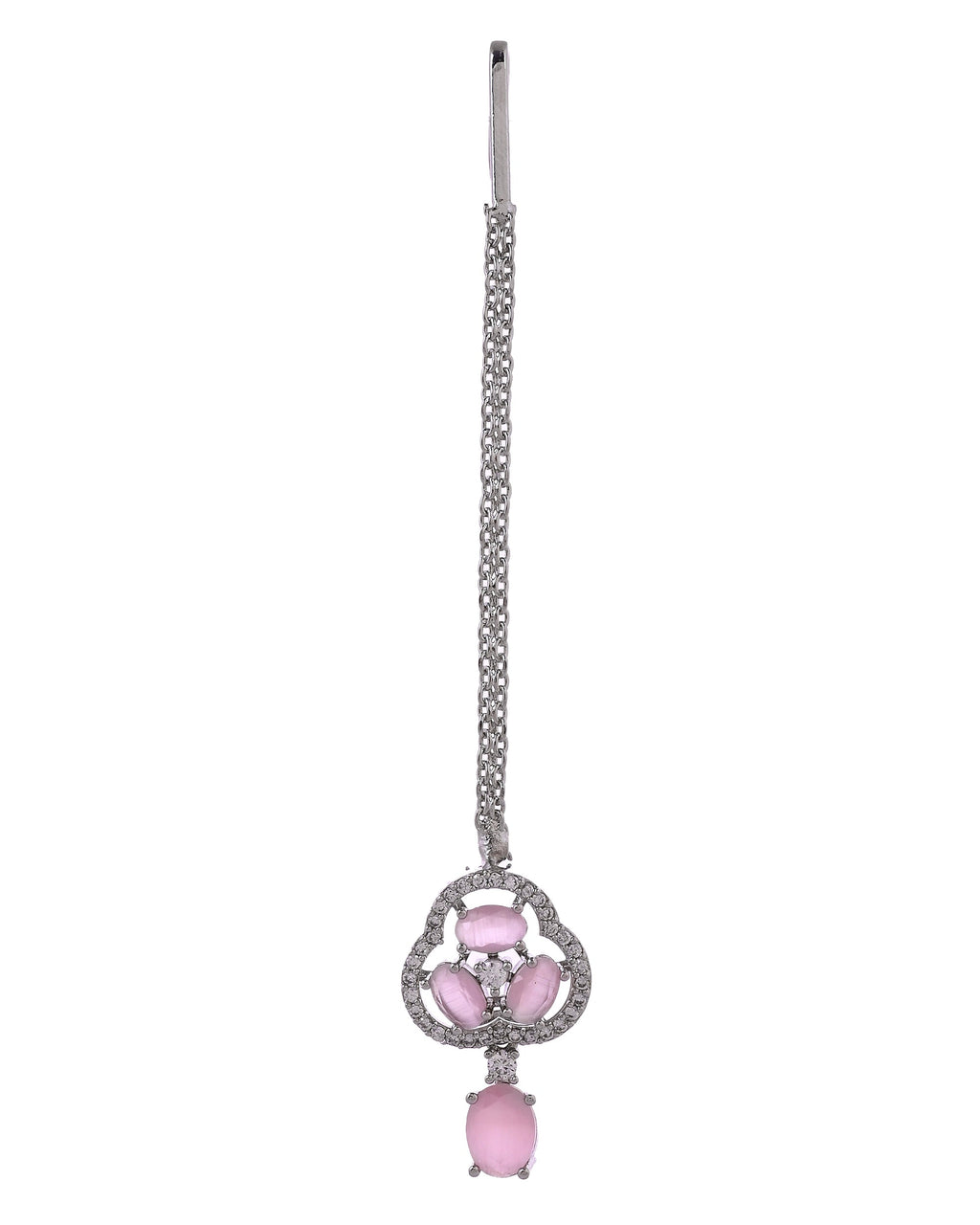 VOJ Silver Plated Baby Pink Stone Studded Ad Jewellery Set With Maang Tikka | Grocsy