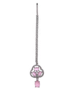 VOJ Silver Plated Baby Pink Stone Studded Ad Jewellery Set With Maang Tikka | Grocsy
