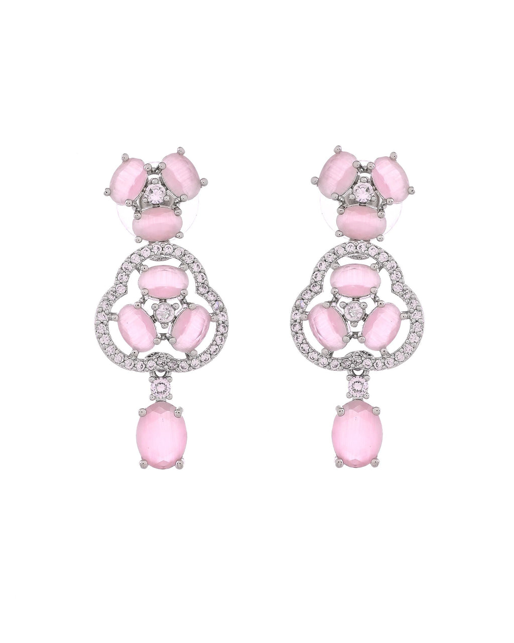 VOJ Silver Plated Baby Pink Stone Studded Ad Jewellery Set With Maang Tikka | Grocsy