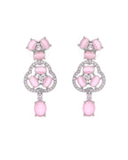 VOJ Silver Plated Baby Pink Stone Studded Ad Jewellery Set With Maang Tikka | Grocsy