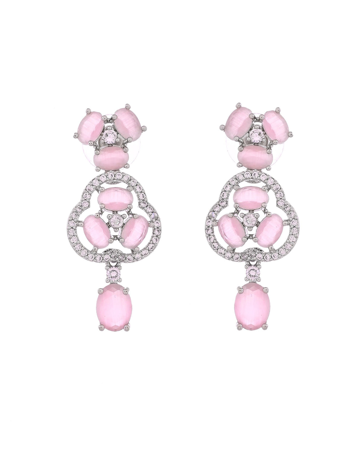 VOJ Silver Plated Baby Pink Stone Studded Ad Jewellery Set With Maang Tikka | Grocsy