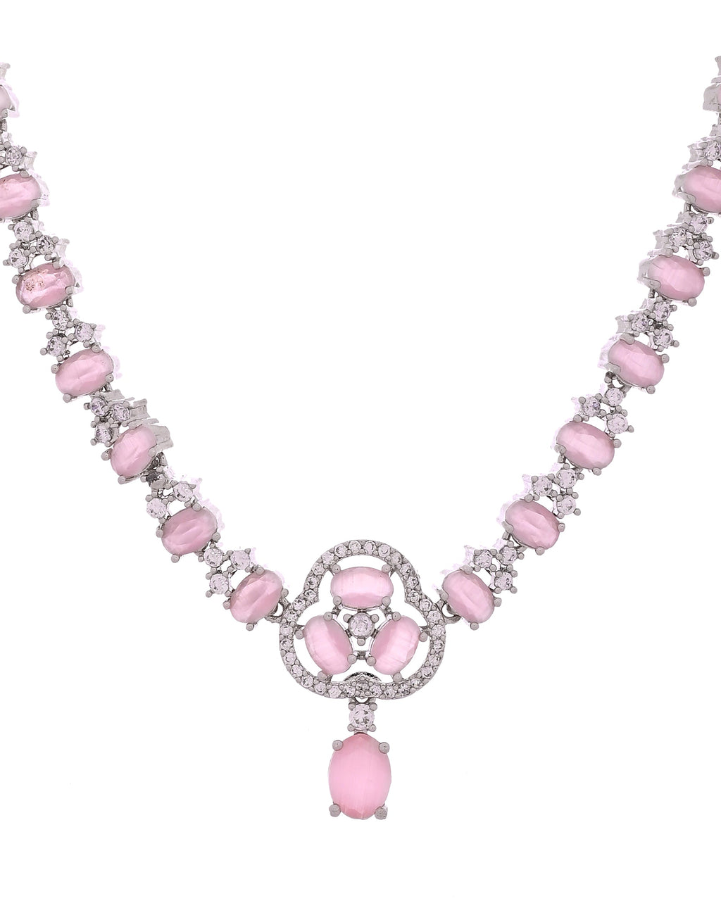 VOJ Silver Plated Baby Pink Stone Studded Ad Jewellery Set With Maang Tikka | Grocsy