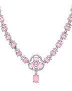 VOJ Silver Plated Baby Pink Stone Studded Ad Jewellery Set With Maang Tikka | Grocsy