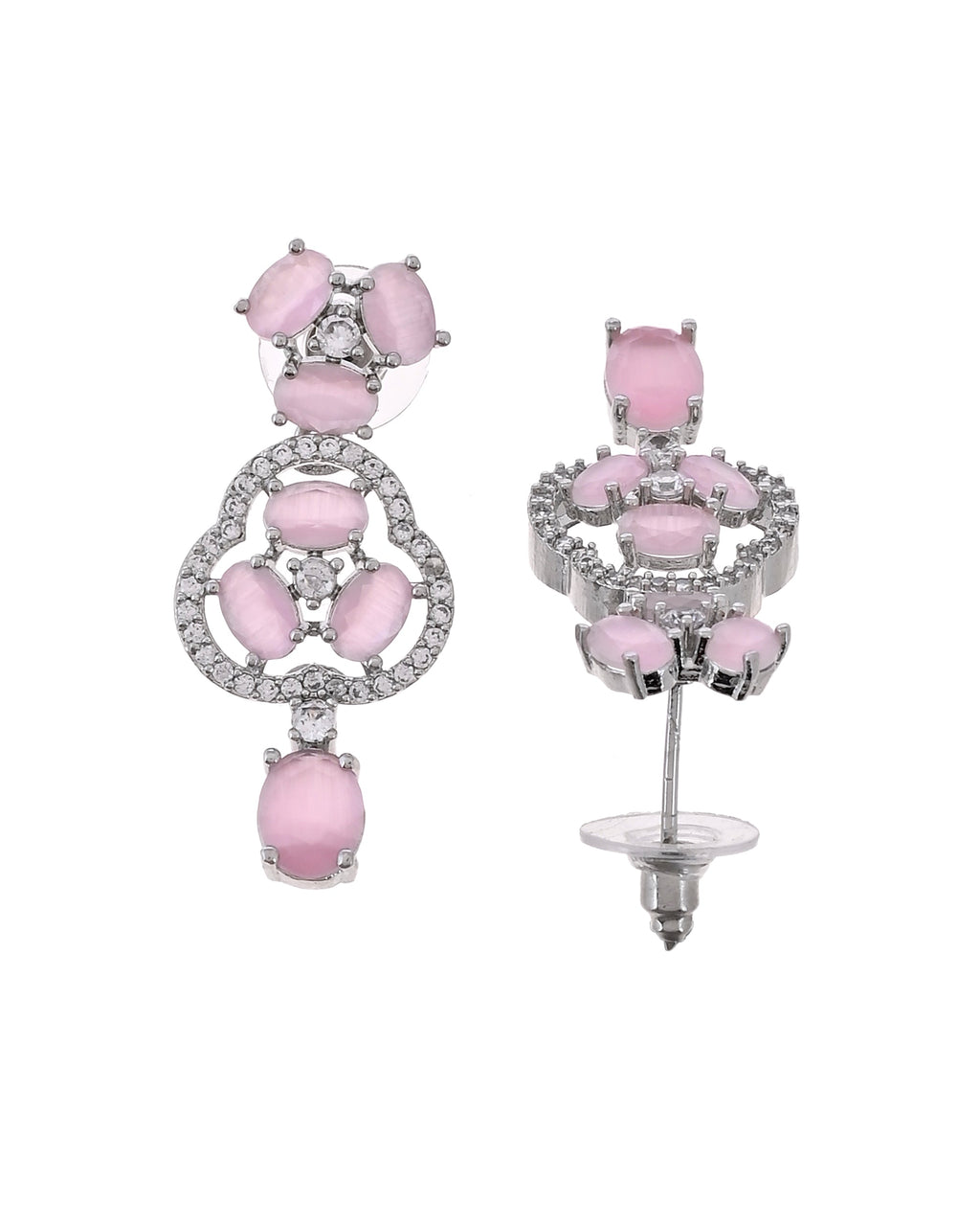 VOJ Silver Plated Baby Pink Stone Studded Ad Jewellery Set With Maang Tikka | Grocsy
