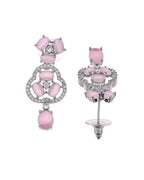 VOJ Silver Plated Baby Pink Stone Studded Ad Jewellery Set With Maang Tikka | Grocsy
