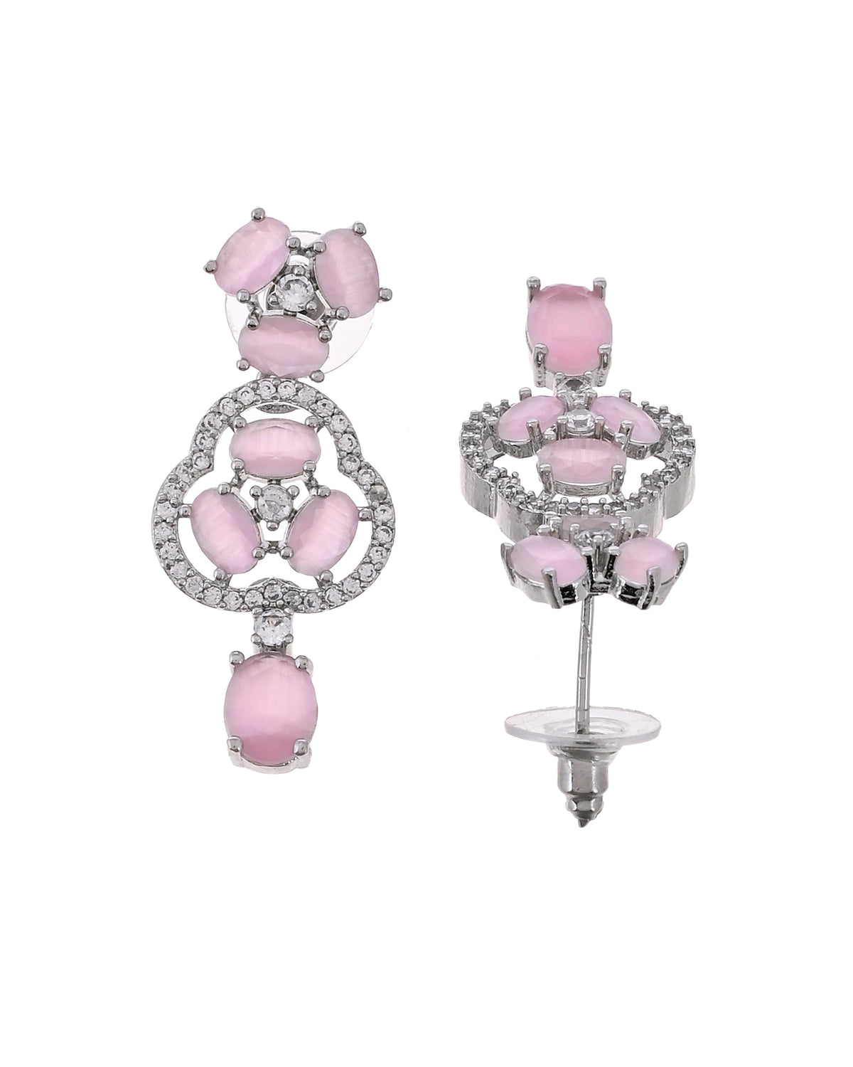 VOJ Silver Plated Baby Pink Stone Studded Ad Jewellery Set With Maang Tikka | Grocsy