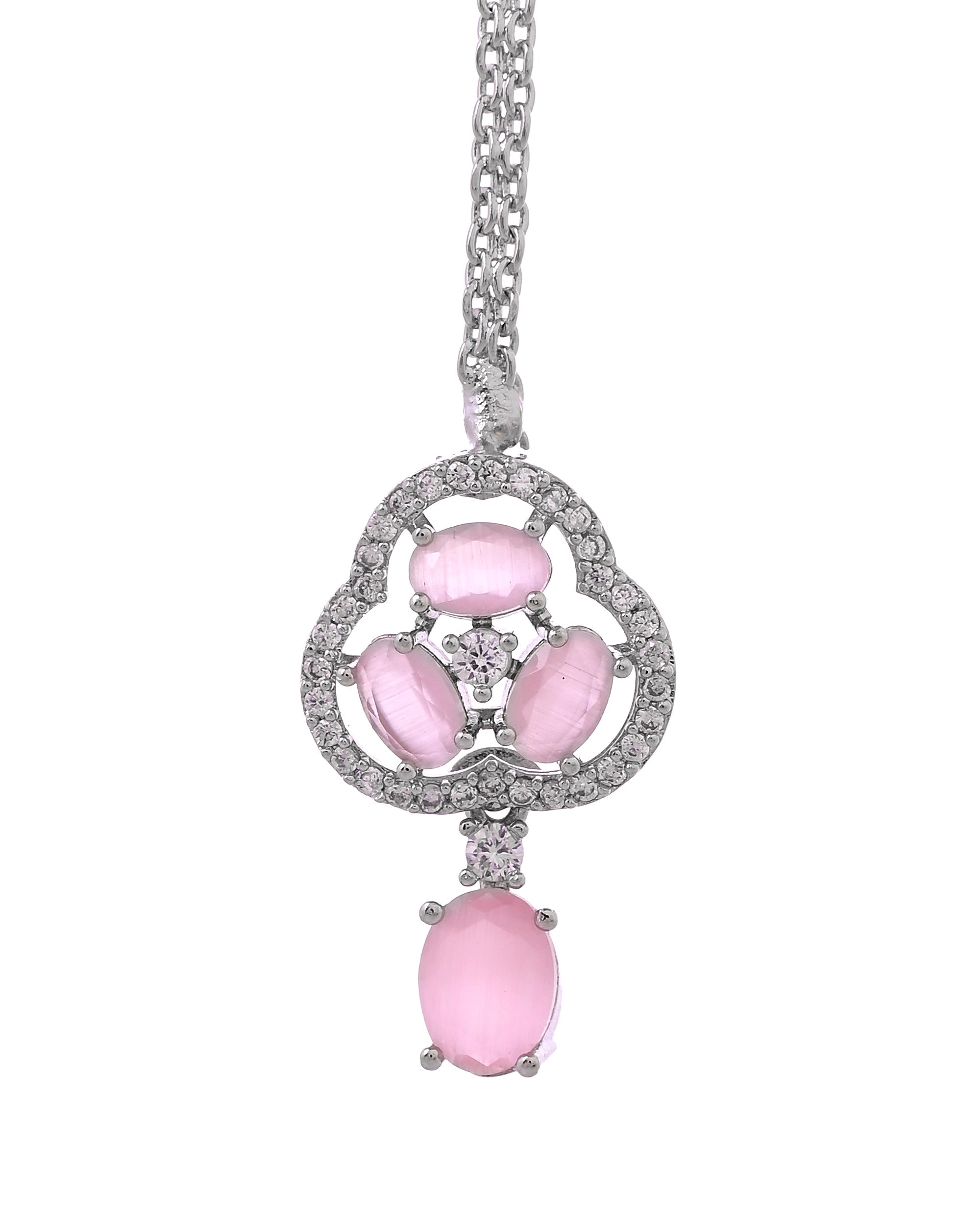 VOJ Silver Plated Baby Pink Stone Studded Ad Jewellery Set With Maang Tikka | Grocsy