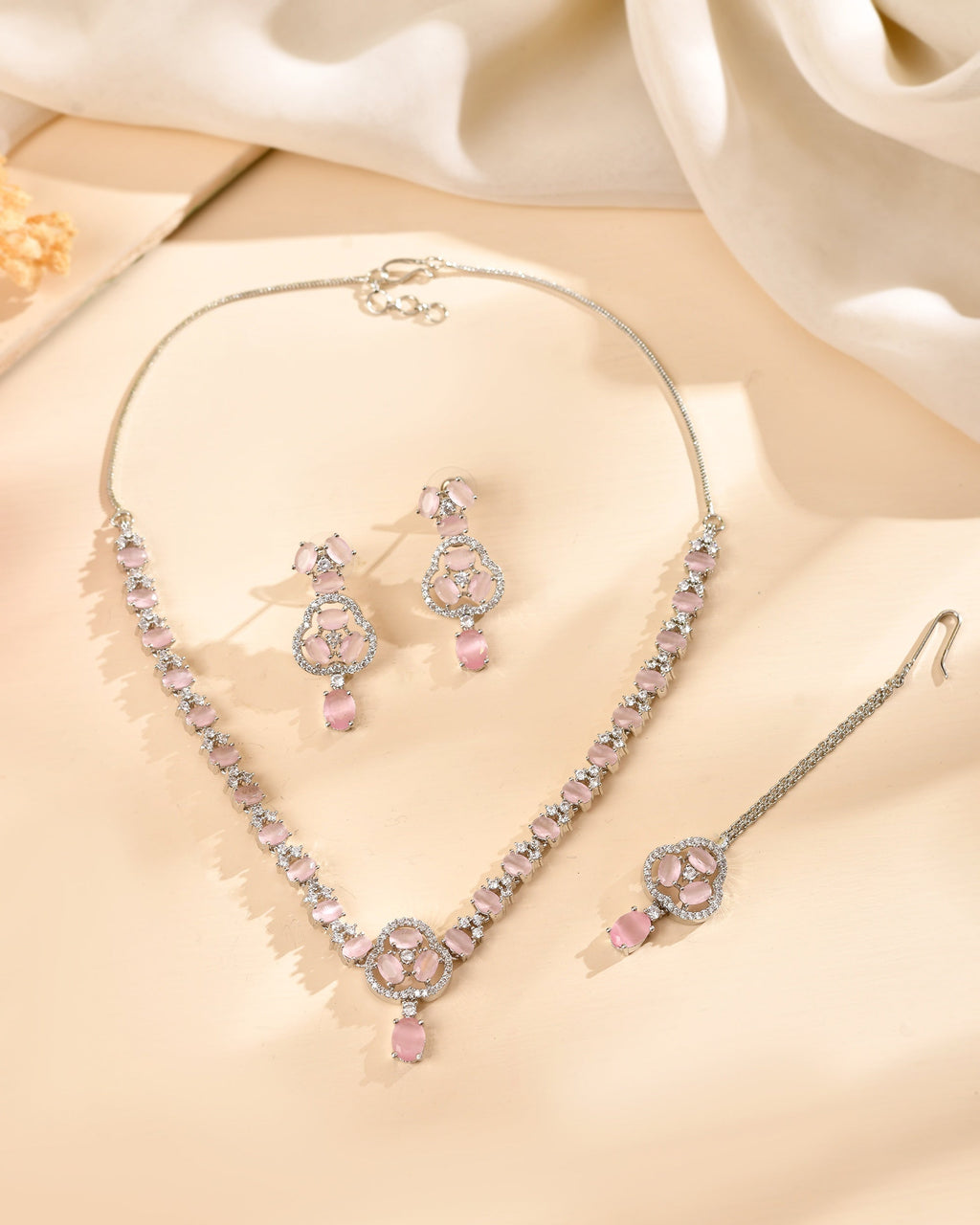 VOJ Silver Plated Baby Pink Stone Studded Ad Jewellery Set With Maang Tikka | Grocsy