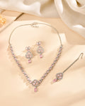 VOJ Silver Plated Baby Pink Stone Studded Ad Jewellery Set With Maang Tikka | Grocsy