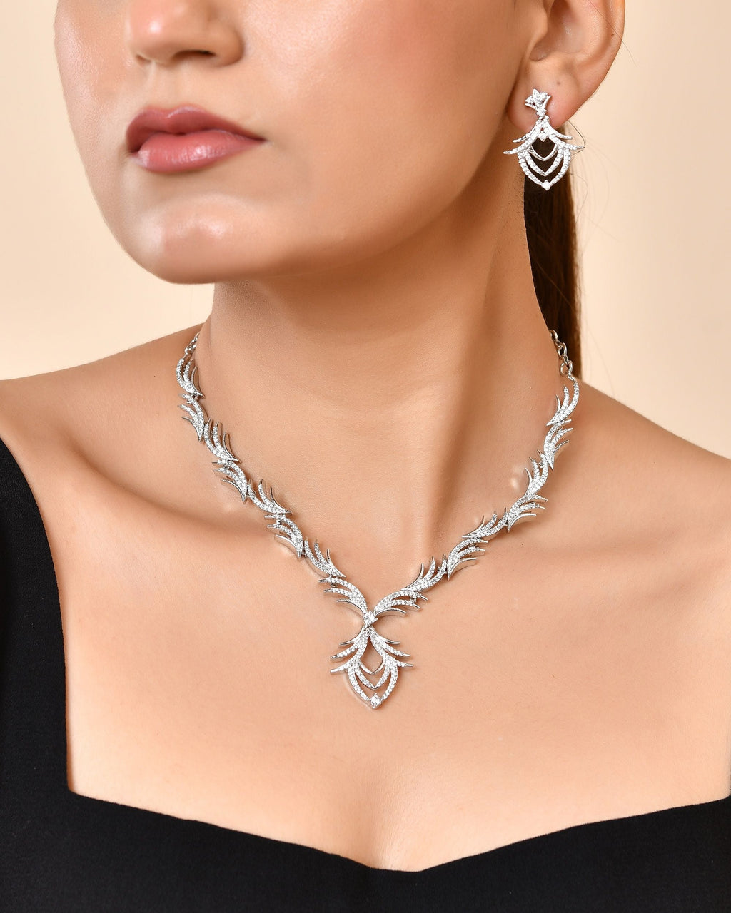 VOJ Silver Plated Cz Stone Studded Designer Elegant Necklace Set | Grocsy