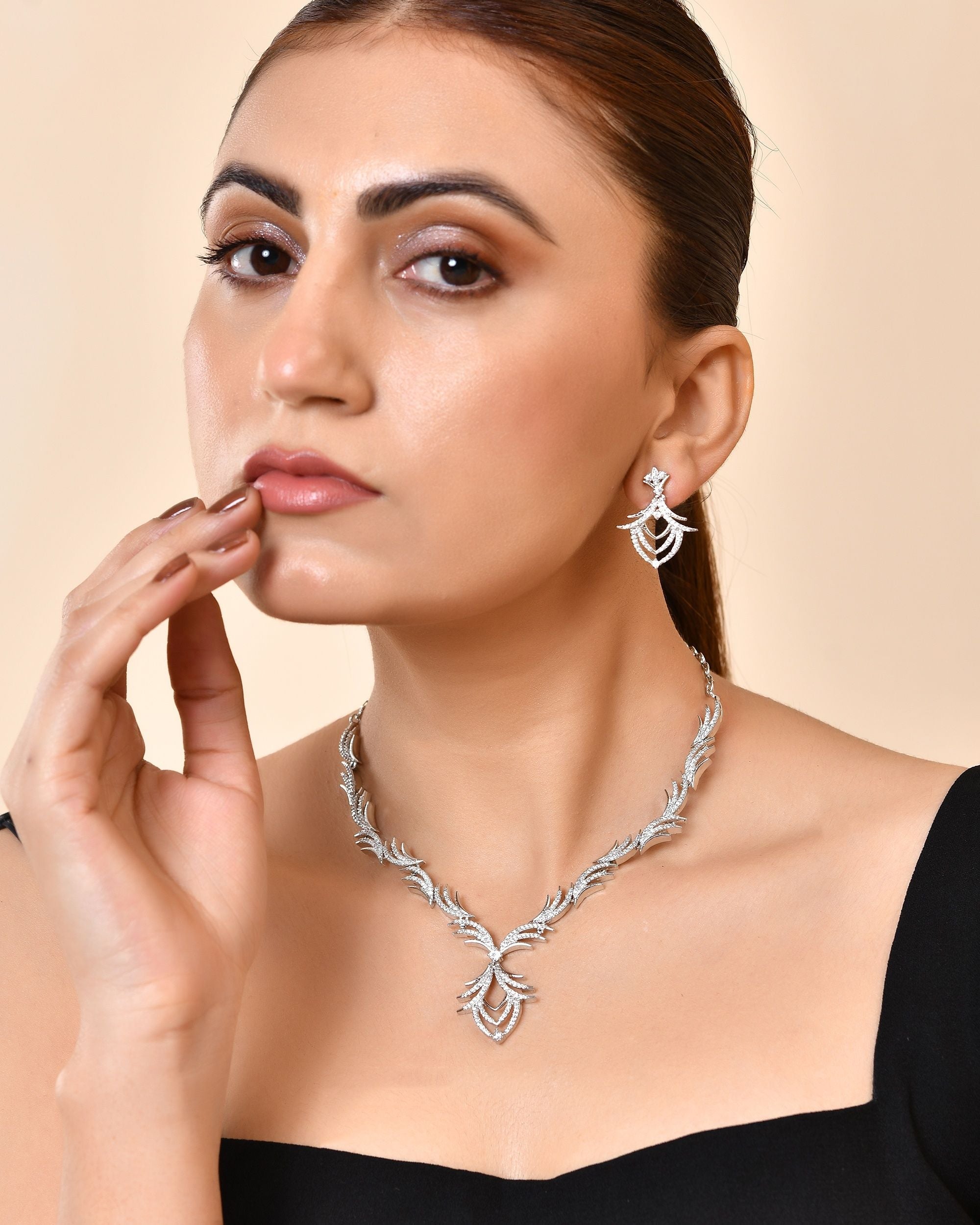 VOJ Silver Plated Cz Stone Studded Designer Elegant Necklace Set | Grocsy