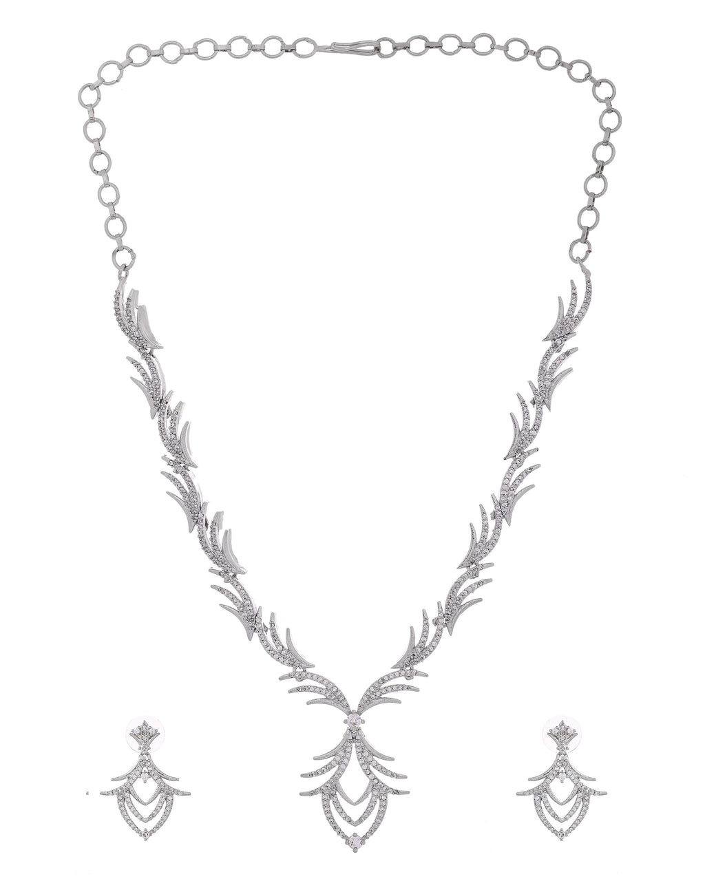 VOJ Silver Plated Cz Stone Studded Designer Elegant Necklace Set | Grocsy