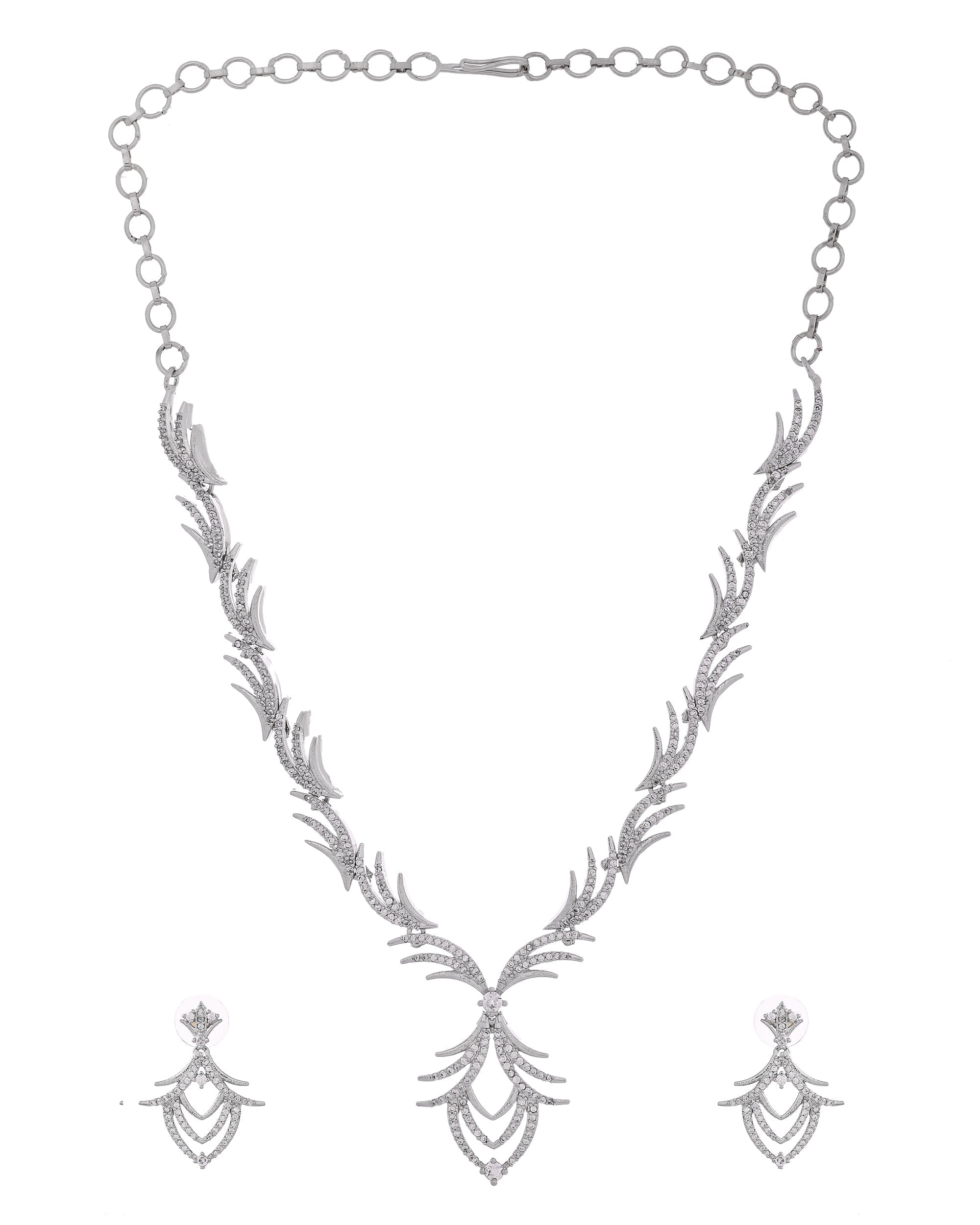 VOJ Silver Plated Cz Stone Studded Designer Elegant Necklace Set | Grocsy