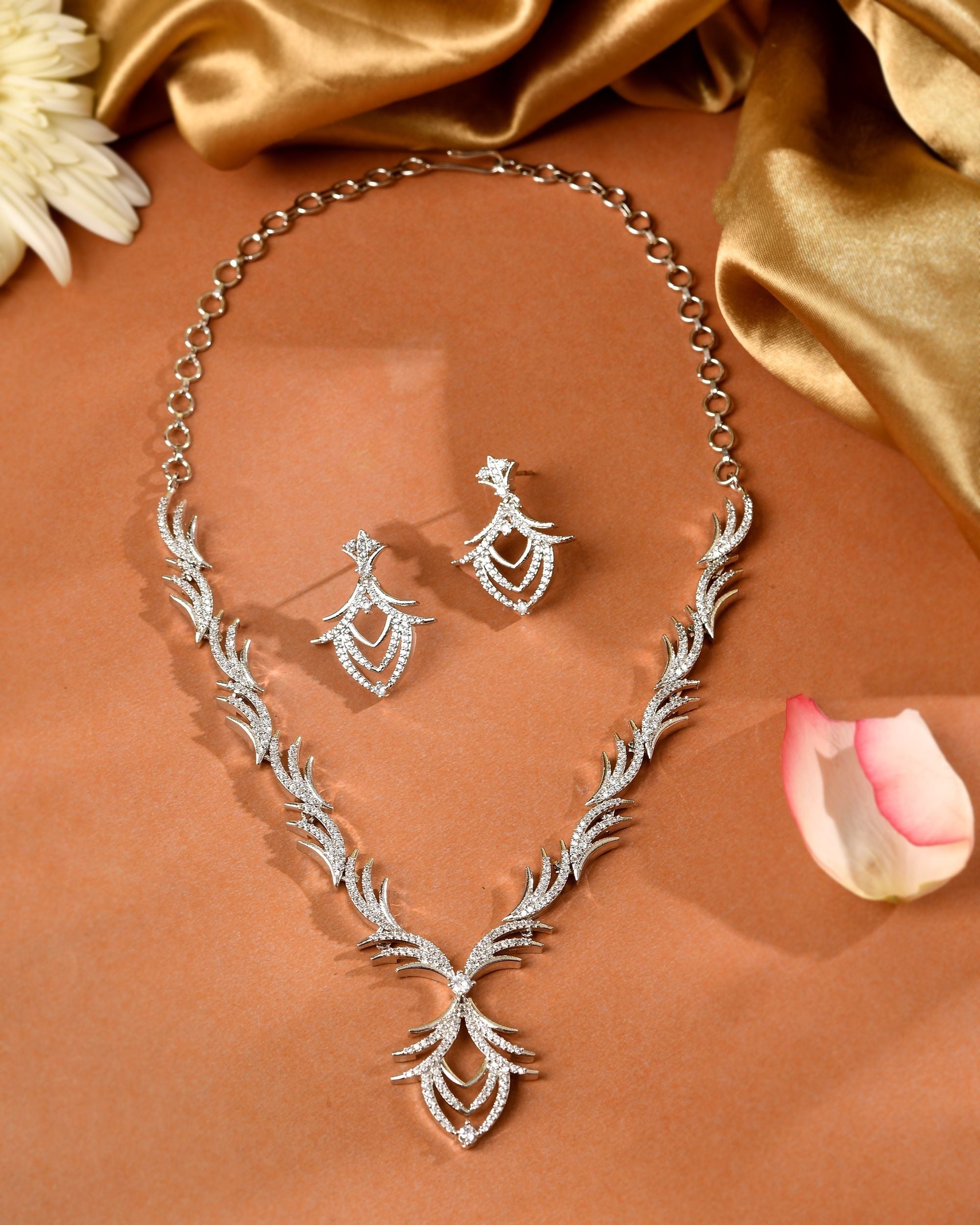 VOJ Silver Plated Cz Stone Studded Designer Elegant Necklace Set | Grocsy